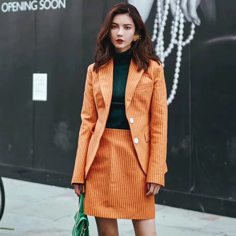 秋西装VIMI原创设计女装新款格纹气质职业白领装橙子果粒西服套装