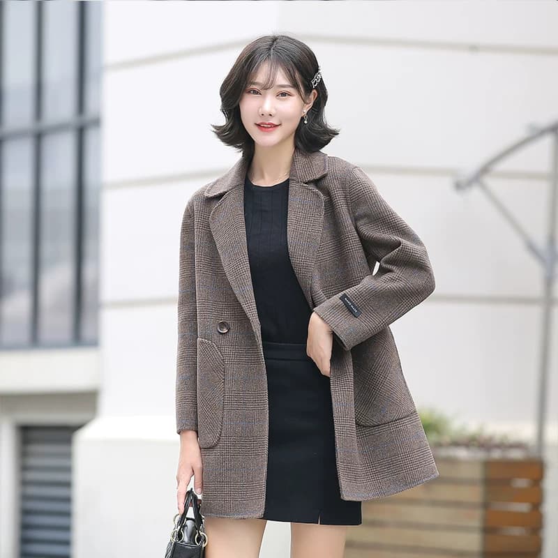 2021秋冬女装外套双面呢毛呢羊毛呢大衣细格子宽松版型外套