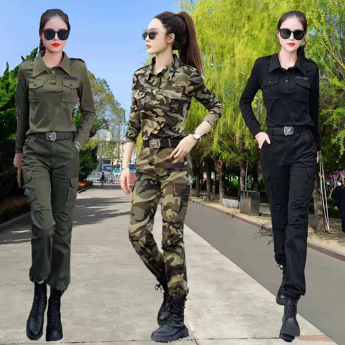 户外长袖翻领T恤迷彩服女工装裤长裤水兵舞服装演出军绿裤套装黑T