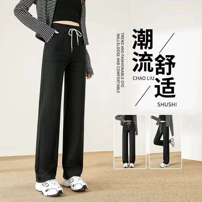 黑色抽绳直筒运动裤女春季松弛感小个子高腰宽松显瘦慵懒风阔腿裤