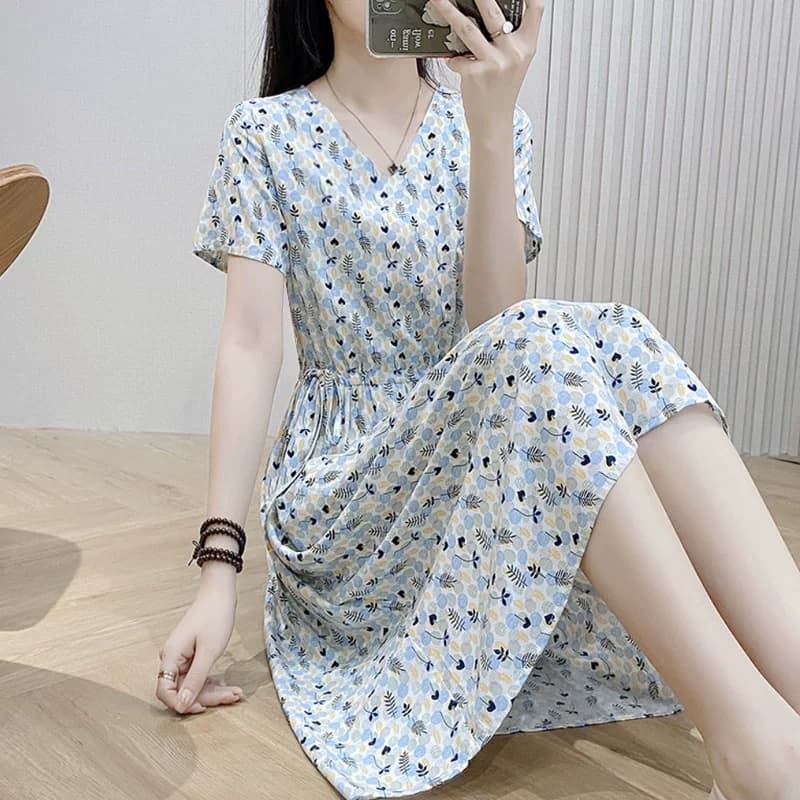 2026新款夏季高端棉绸连衣裙女气质收腰碎花中长外穿绵绸大摆裙子
