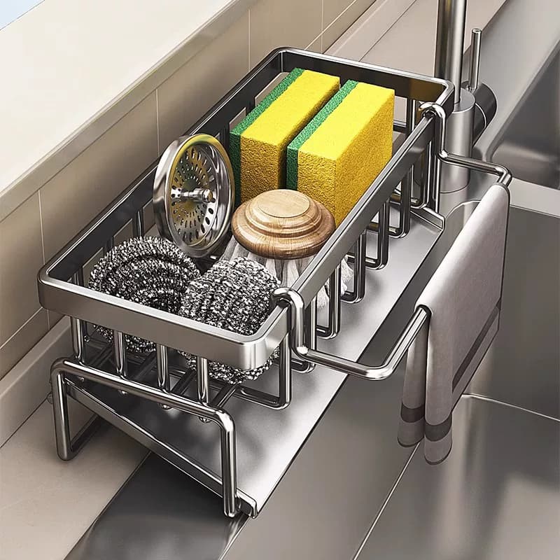 日式精工厨房置物架水槽抹布沥水架水龙头水池洗碗洗洁精钢丝球架