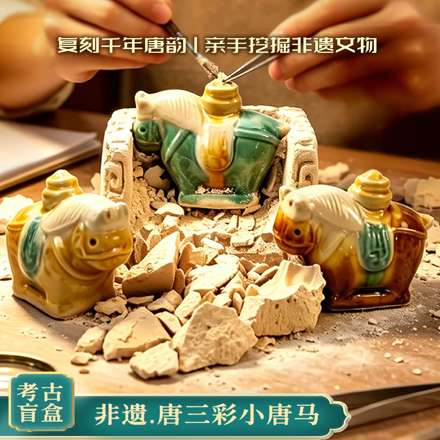 洛阳非遗唐三彩小胖马文创考古盲盒胖胖马挖宝藏考古挖掘玩具礼物