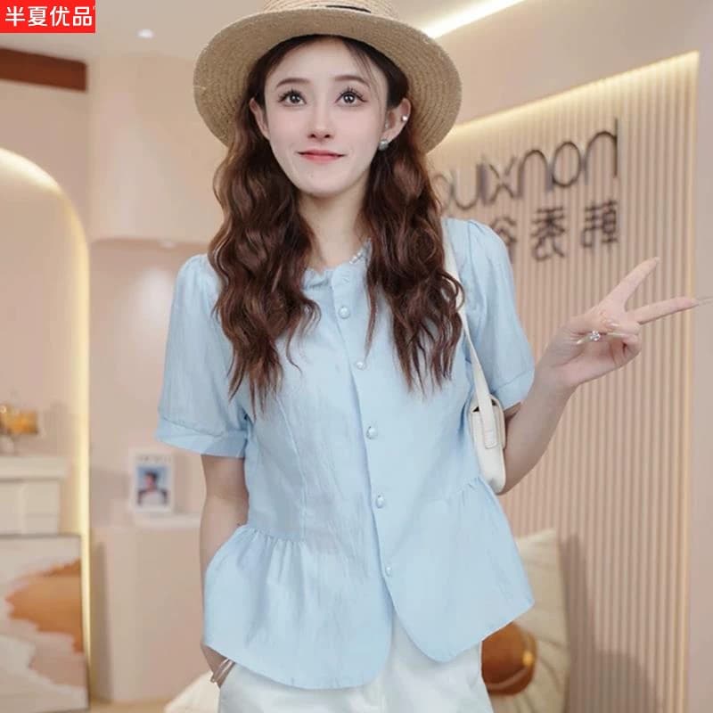 时尚短袖衬衫女2026夏季新款洋气显瘦设计感减龄百搭收腰气质上衣