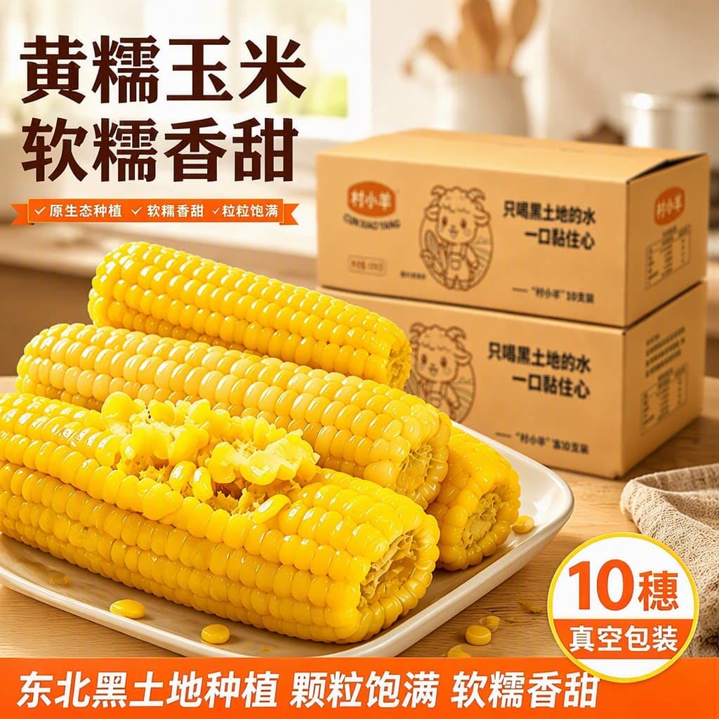 东北黄甜糯玉米10支真空装加热即食新鲜玉米低脂多香甜打开软糯