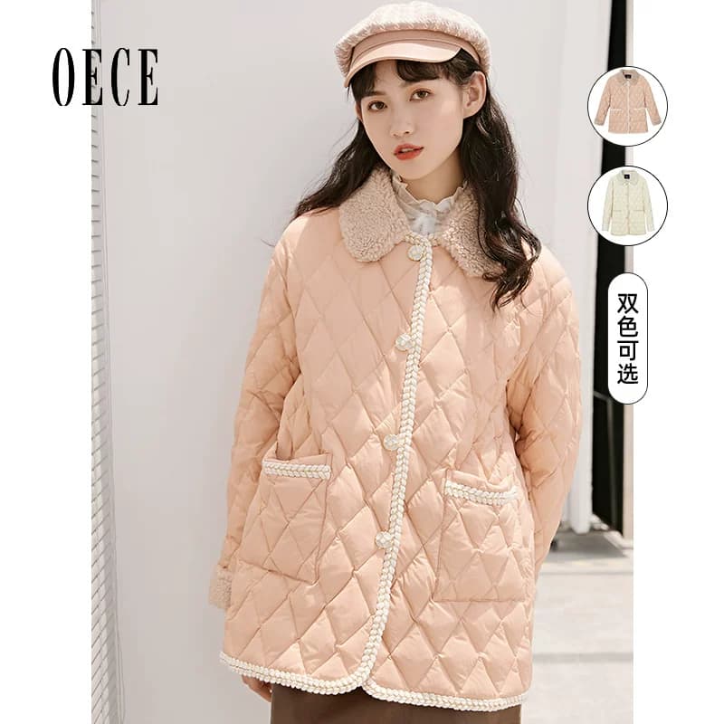 Oece秋冬新款女复古甜美气质中长款羽绒服修身外套