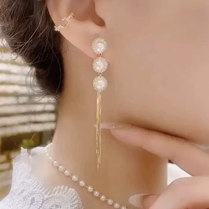 纯银针显脸瘦珍珠耳环女2026年新款潮长款流苏耳坠设计感气质耳饰