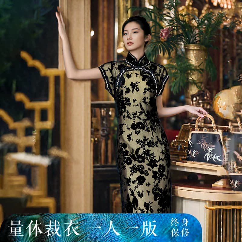 真丝桑蚕丝绒旗袍老上海风真丝烧花丝绒面料手工旗袍定制裁缝店