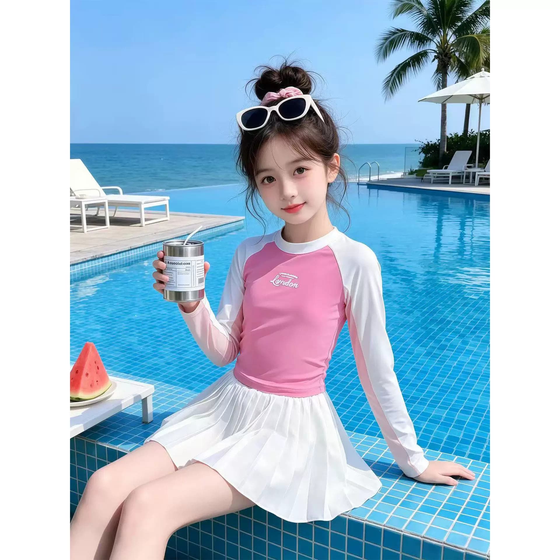 时尚女童防晒泳衣套装分体式2026新款中大童裙装游泳服儿童两件套