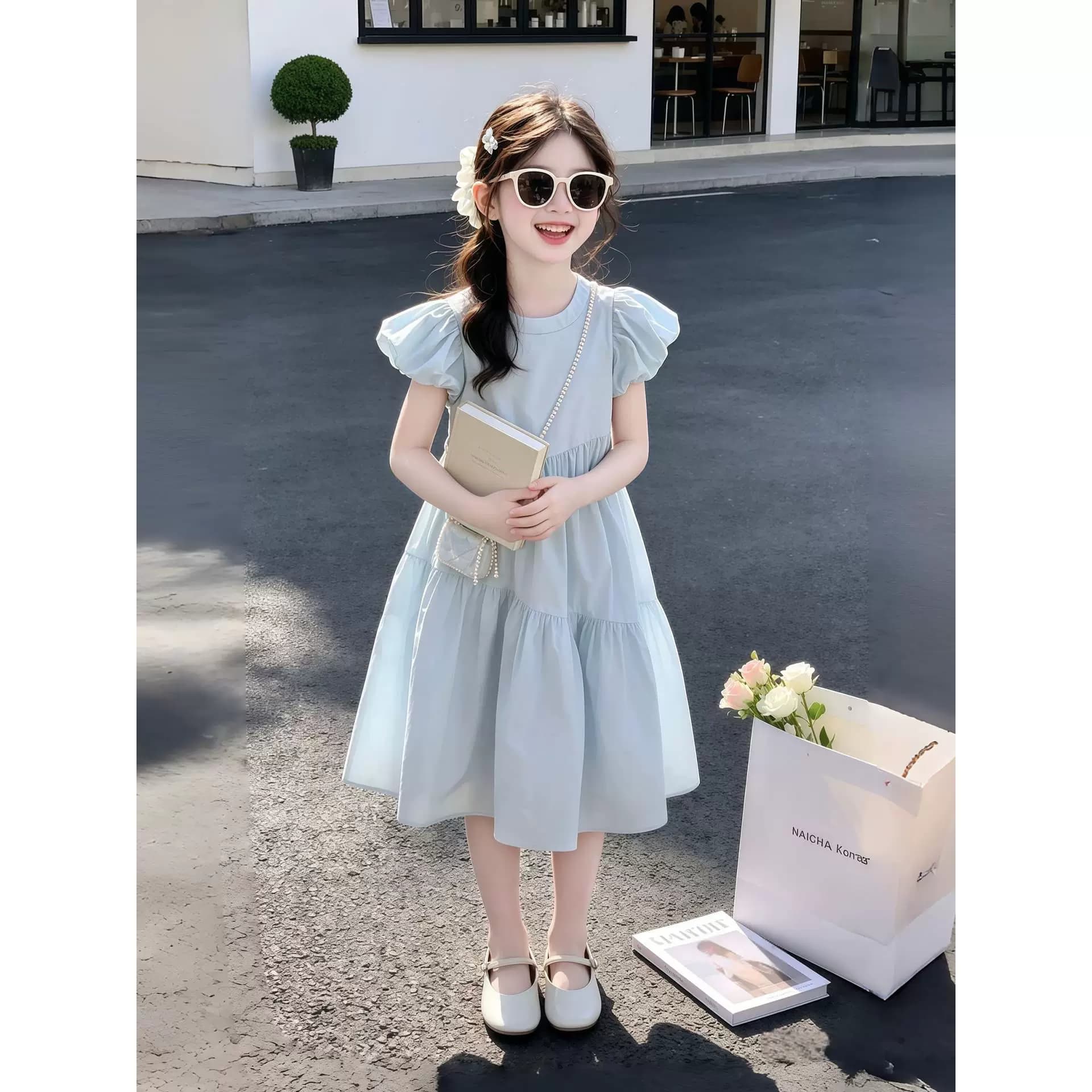 女童连衣裙2026夏季新款韩版时尚儿童棉布裙女孩泡泡袖高级感裙子