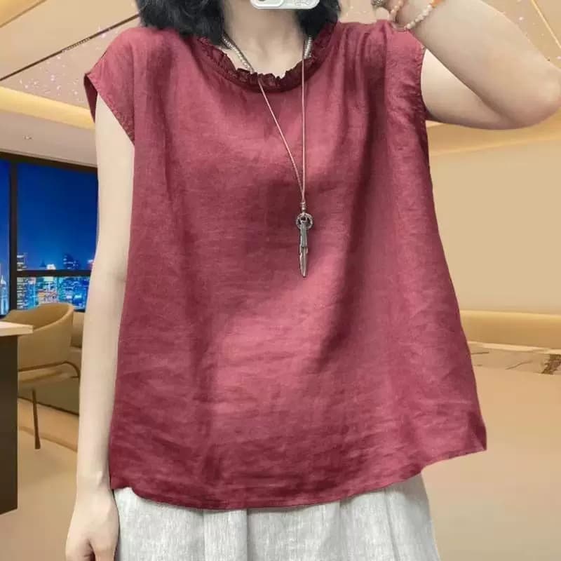 2026年夏季新款文艺宽松木耳花边圆领无袖棉麻衬衫女休闲小衫上衣