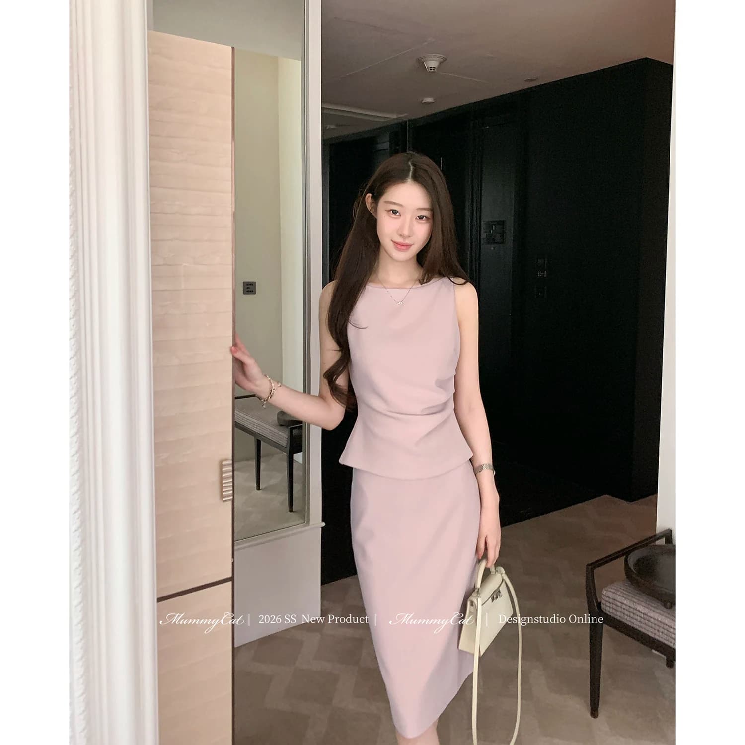 Mummy Cat下蛋喵 26新品气质通勤肌理乱麻弹力针织修身包臀套装
