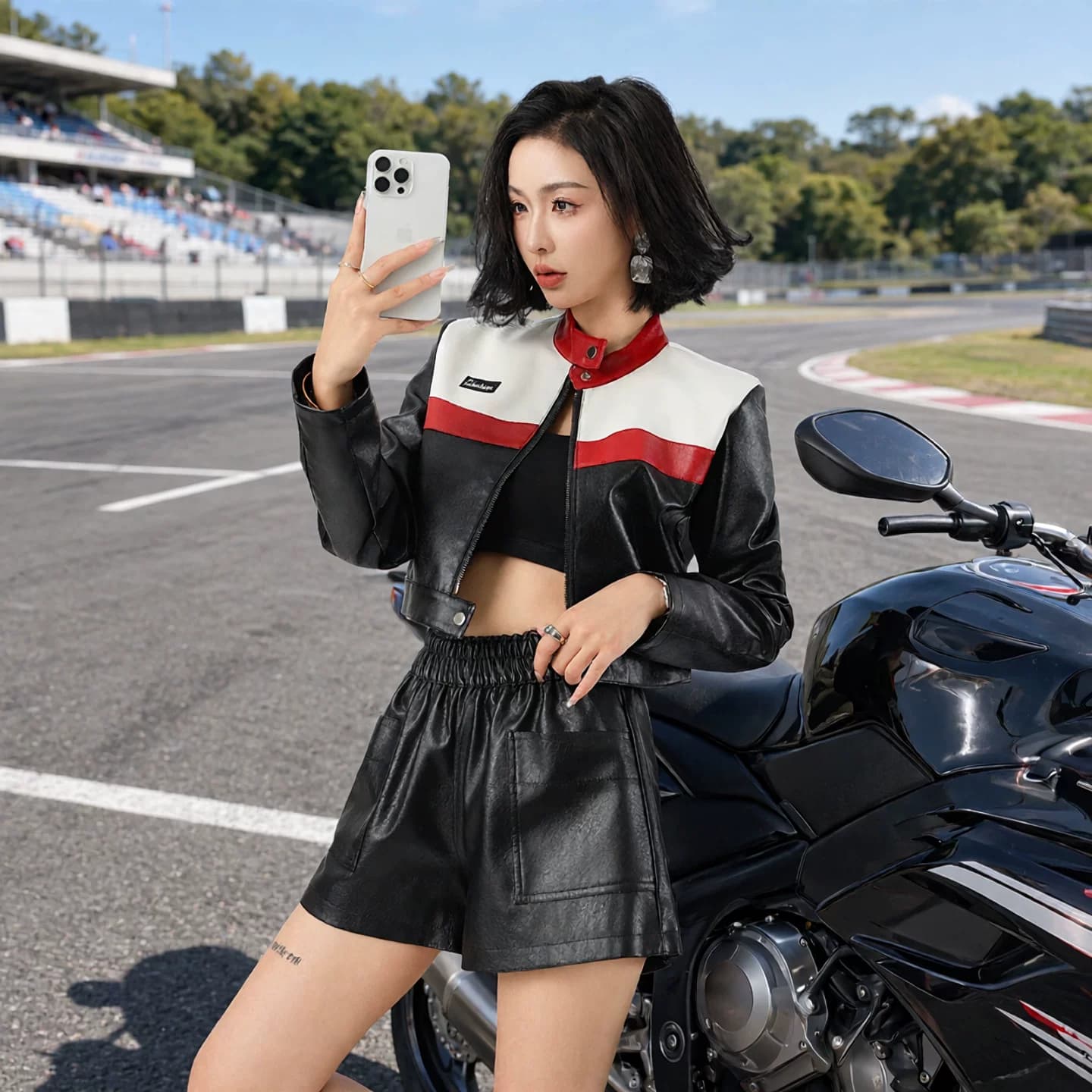 黑白撞色女款机车服皮衣短款夹克短外套收腰型拉链休闲上衣赛车服