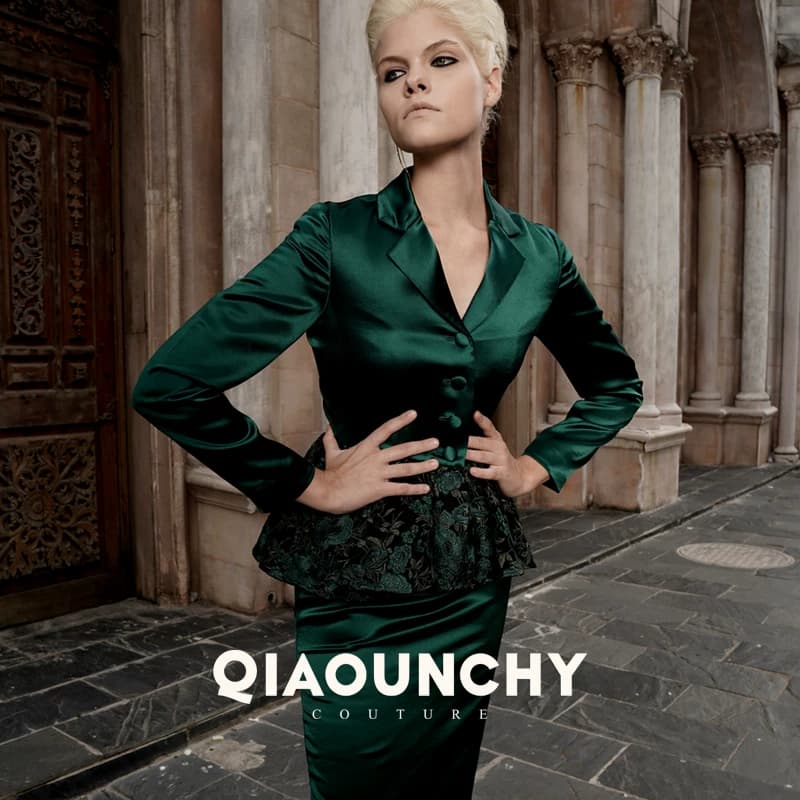 翡翠 QIAOUNCHY俏云曦 | 绿色缎面法式高腰蕾丝裙套装春装女