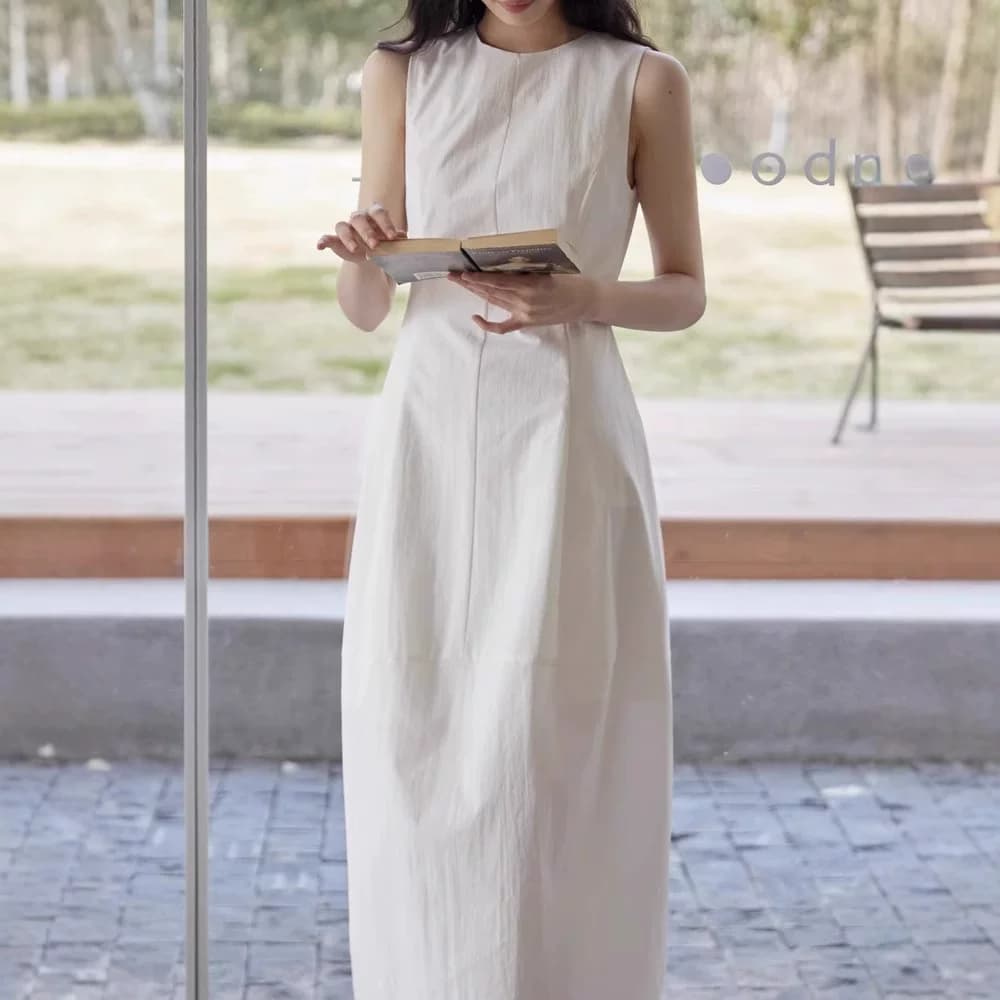棉无袖白色连衣裙女法式爆款2025夏新款拼接收腰背心花苞中长裙子