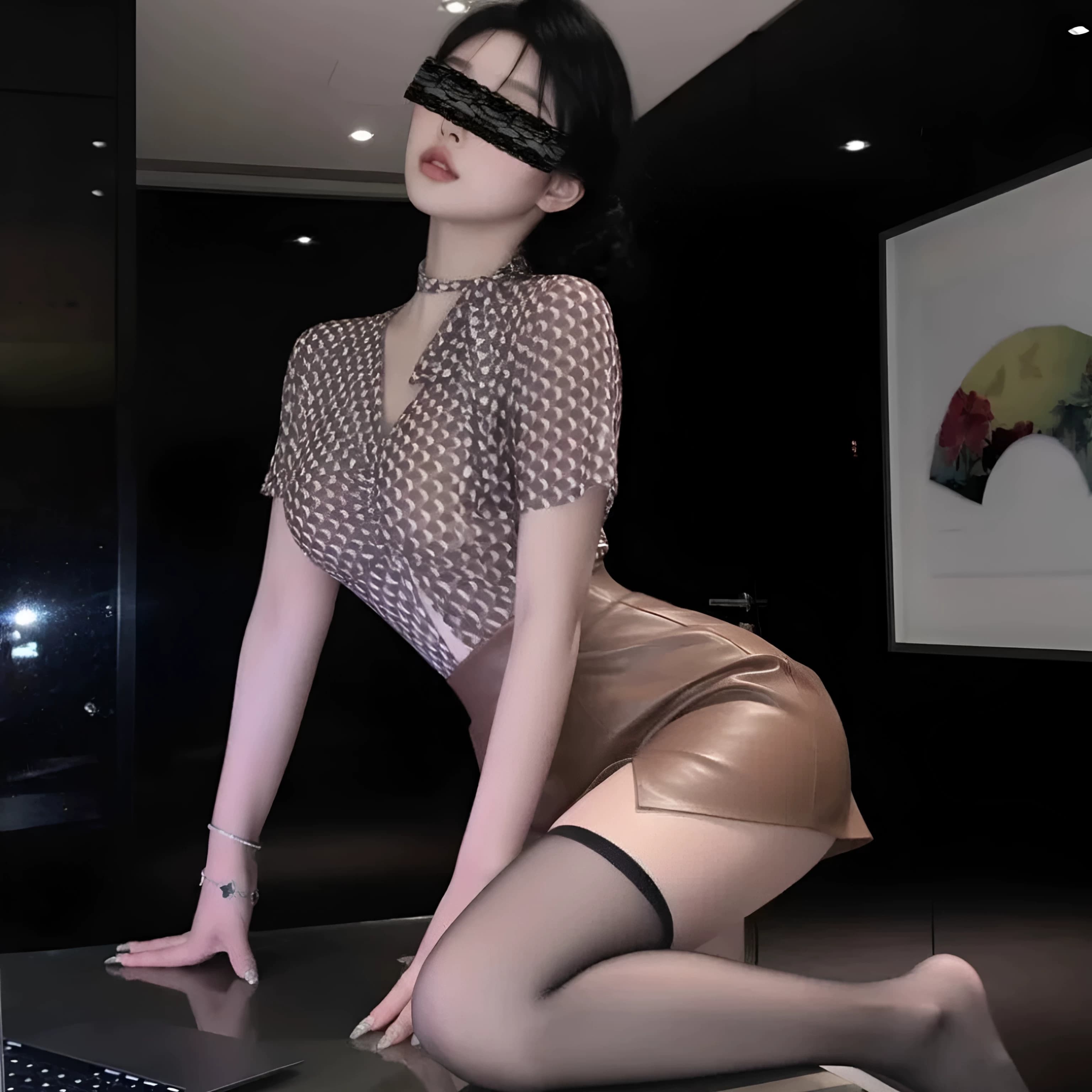 禁忌之恋 新品秘书纯欲OL制服透视性感居家套装格纹衬衫包臀皮裙