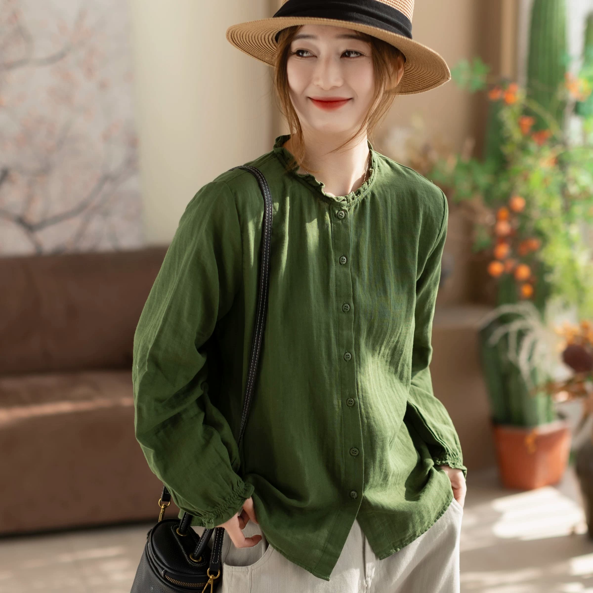 咖咪羽衬衫女春秋新款双层棉纱木耳花边减龄长袖衬衫百搭上衣