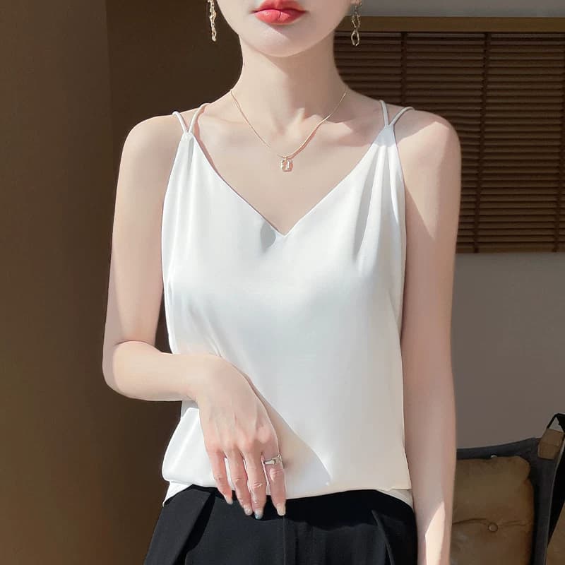仿真丝吊带背心女内搭白色美背醋酸缎面上衣夏季西装桑蚕丝打底衫