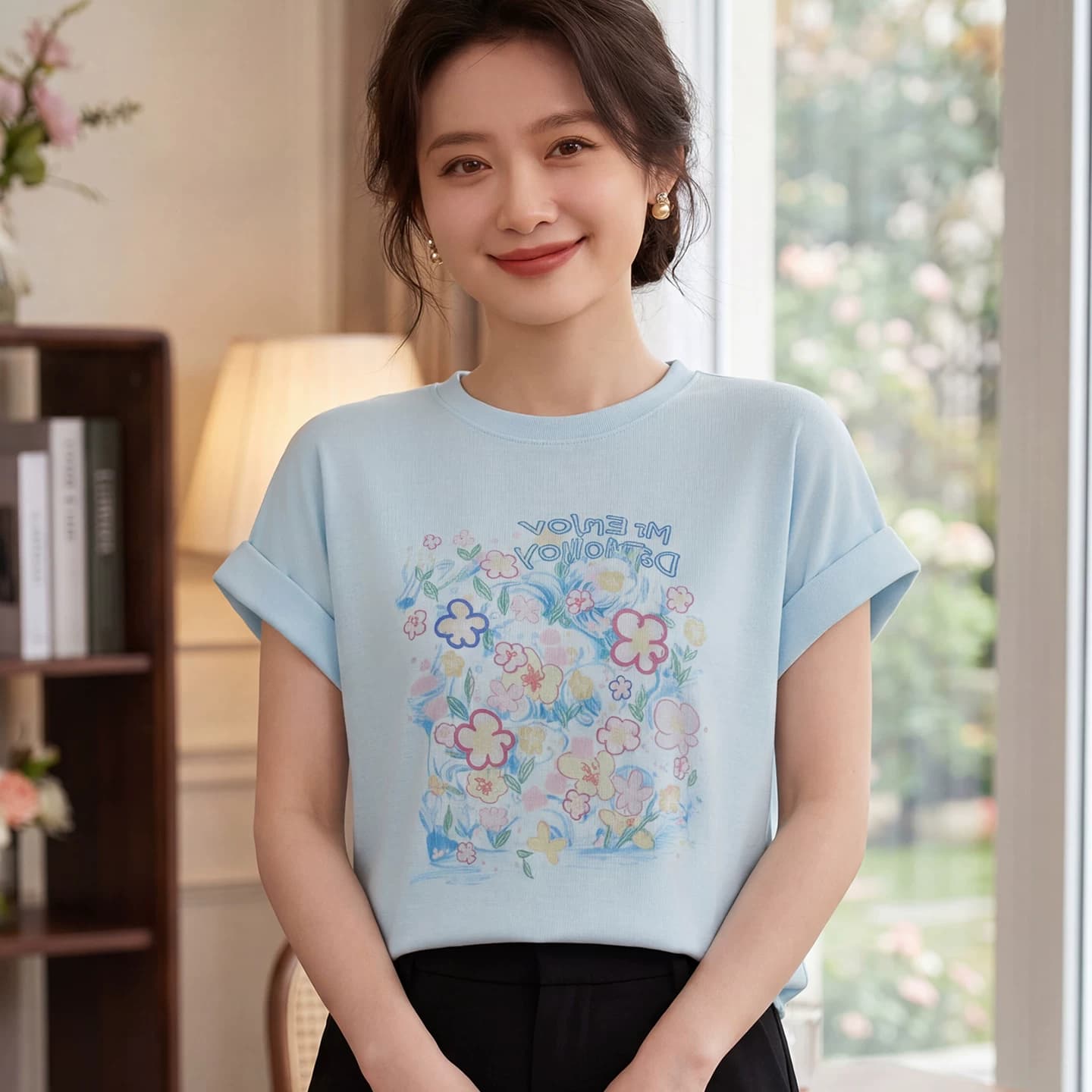 2026夏季新款印花短袖T恤女圆领正肩宽松显瘦洋气针织打底衫上衣