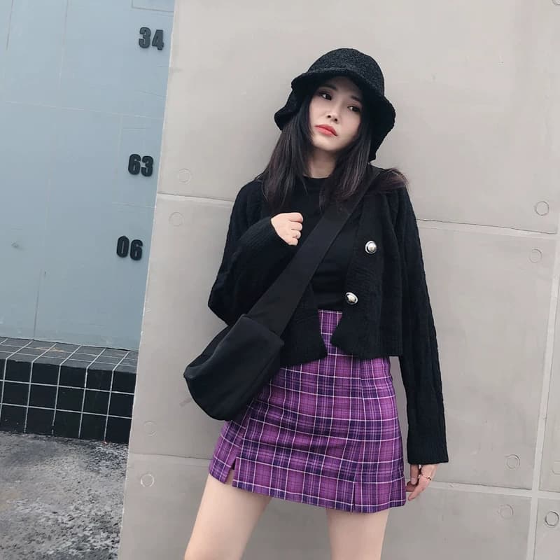 紫色格子半身裙女春夏ins超火开叉包臀裙防走光高腰显瘦a字小短裙