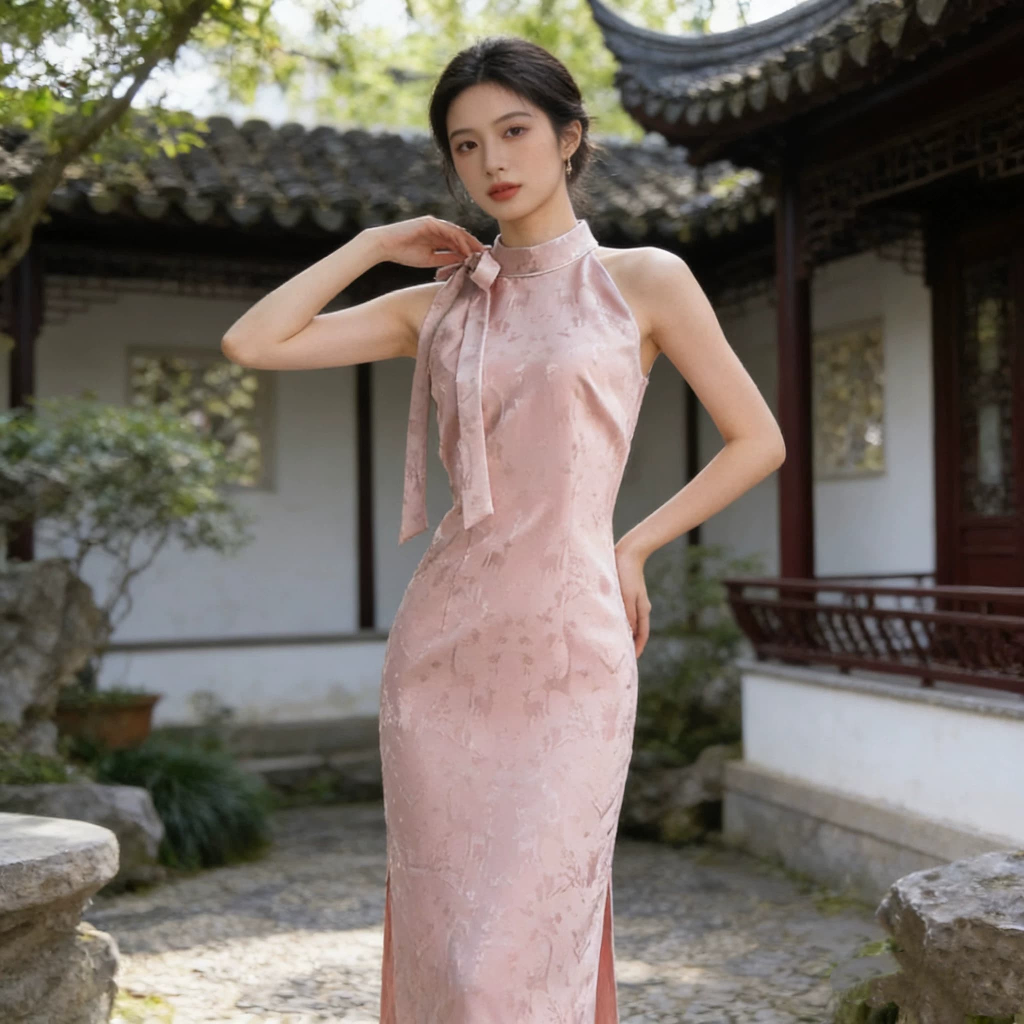 薄款丝绸旗袍连衣裙国风帝政风2026新款粉色印花立领气质显瘦长裙