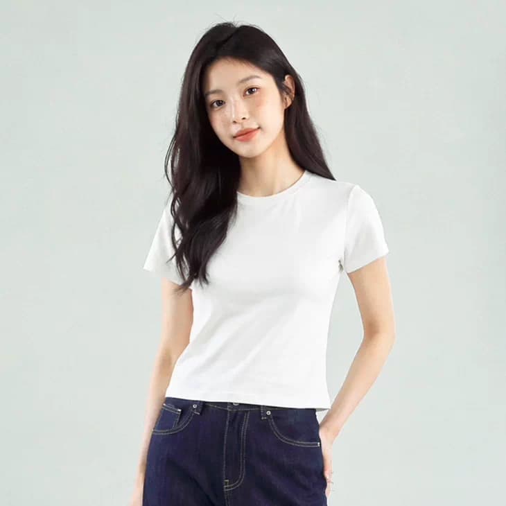 短款圆领正肩T恤修身小个子短袖女夏薄款透气棉质纯色2026新款