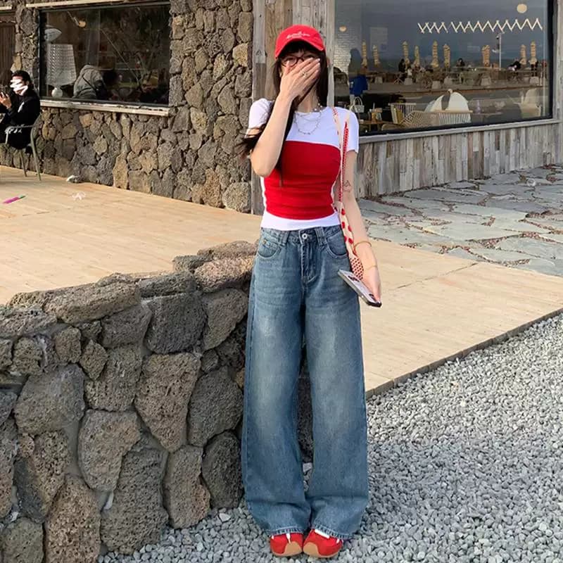 艾恩晟浅蓝色复古宽松阔腿裤慵懒风牛仔裤女2025春秋新款显瘦直筒