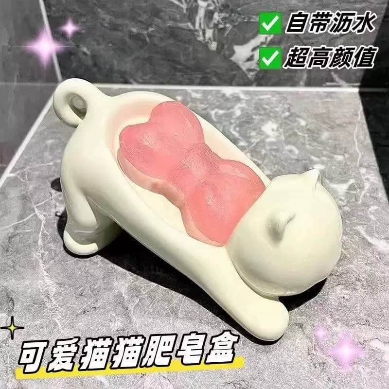 1个卡通肥皂盒可爱猫咪肥皂盒创意塑料肥皂支架不积水浴室香皂盒