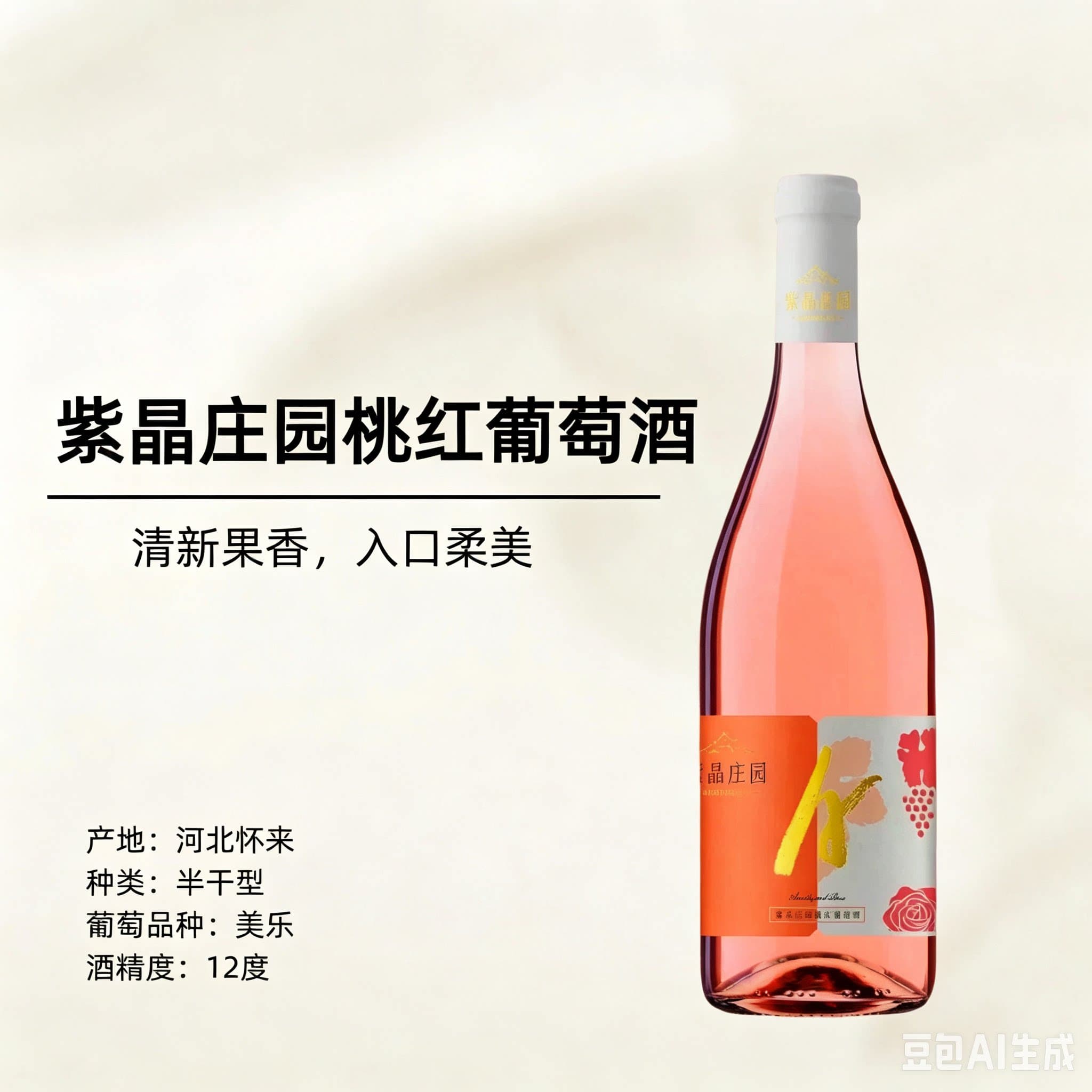 【玫瑰 樱桃 草莓 清新爽脆】紫晶庄园半干美乐桃红葡萄酒