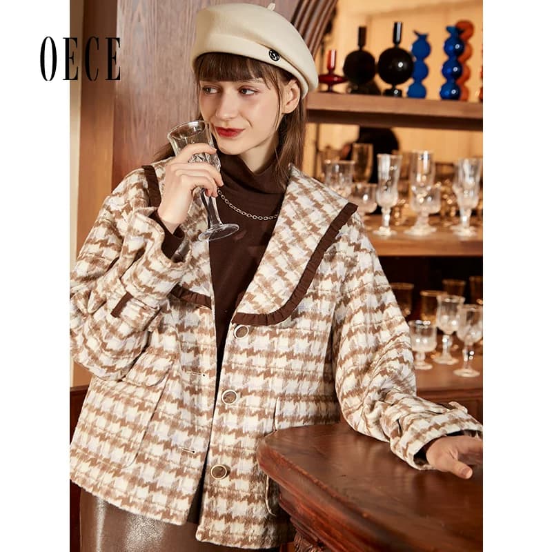 Oece毛呢外套冬季新款复古格子外套气质呢子呢大衣女