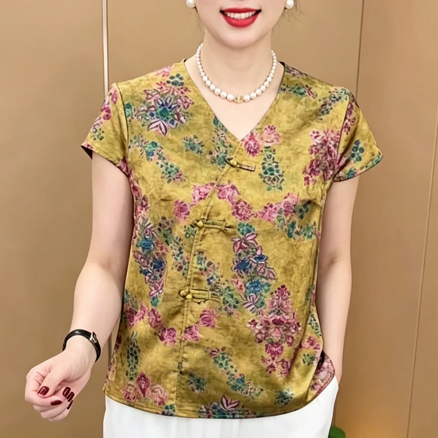 妈妈装V领斜门襟盘扣中式印花小衫时尚女夏季短袖T恤减龄百搭上衣