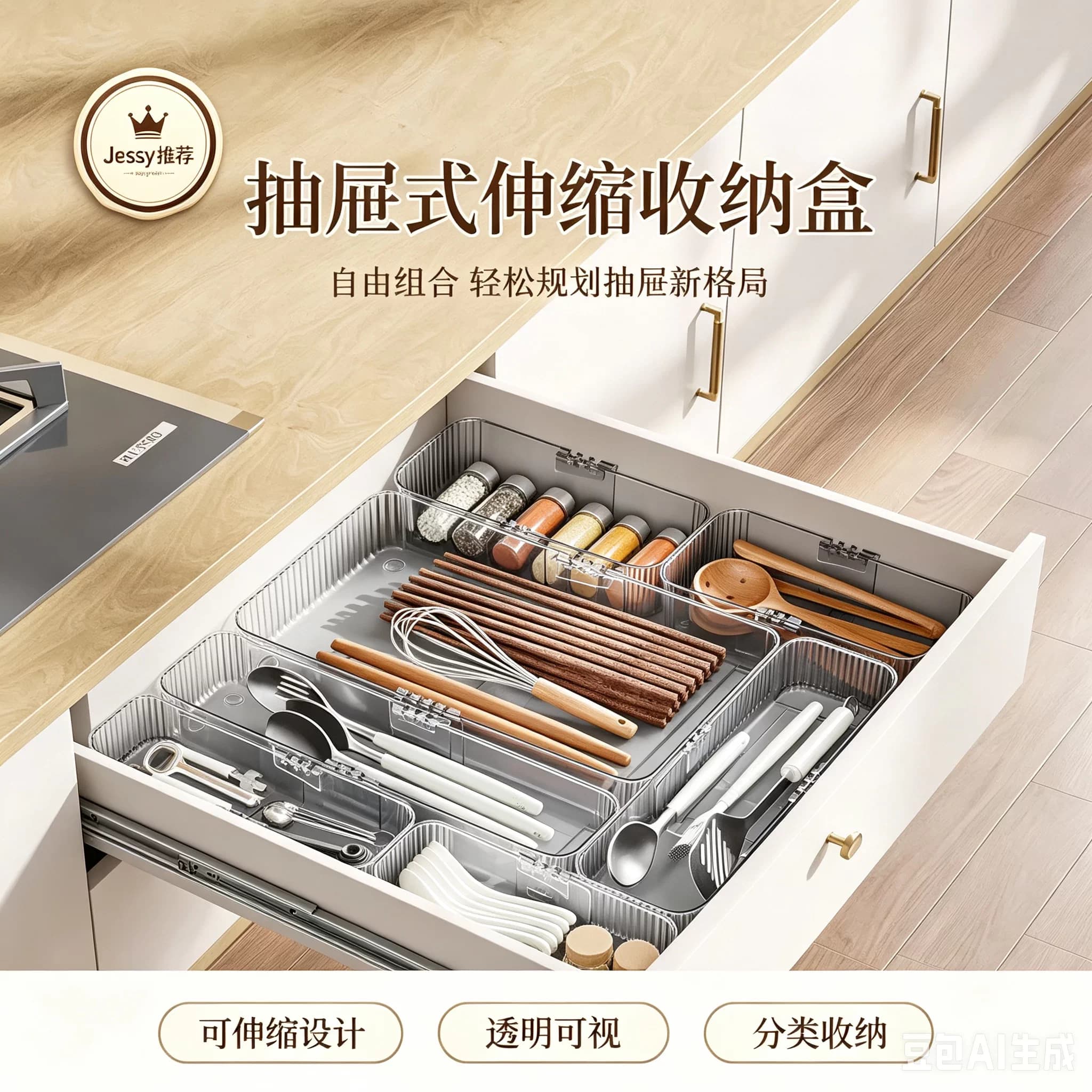 可伸缩厨房抽屉餐具收纳盒橱柜分格筷勺刀叉整理盒 透明PET材质