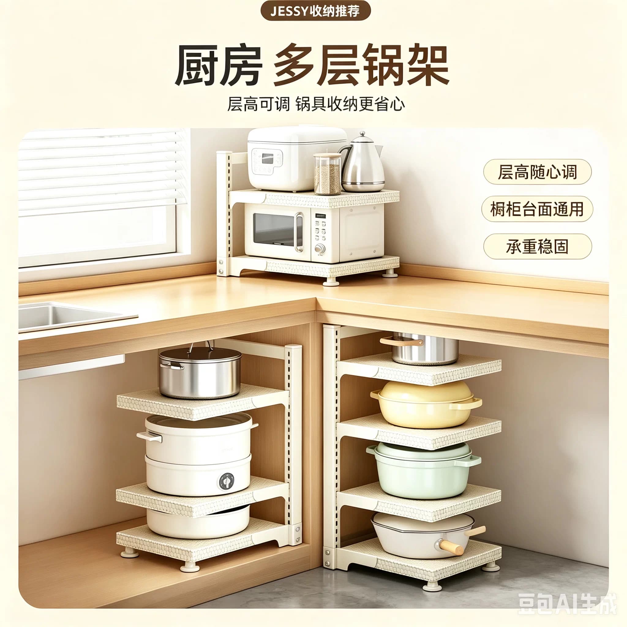 厨房锅具收纳架多功能柜内分层下水槽落地置物架台面多层放锅架子
