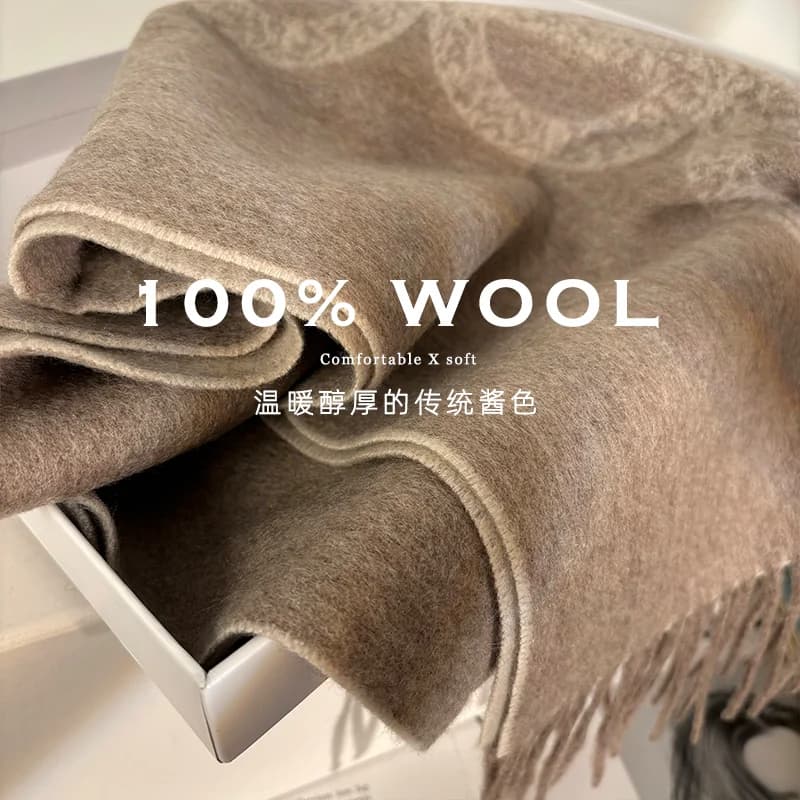 奢贵澳洲WOOL！100%羊毛围巾女冬季多功能双面提花水波纹围脖披肩