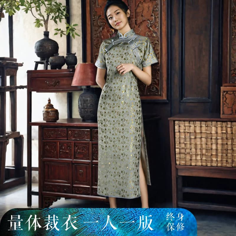 钱小萍冰裂梅花名家宋锦旗袍真丝桑蚕丝布料旗袍裙定做衣服裁缝