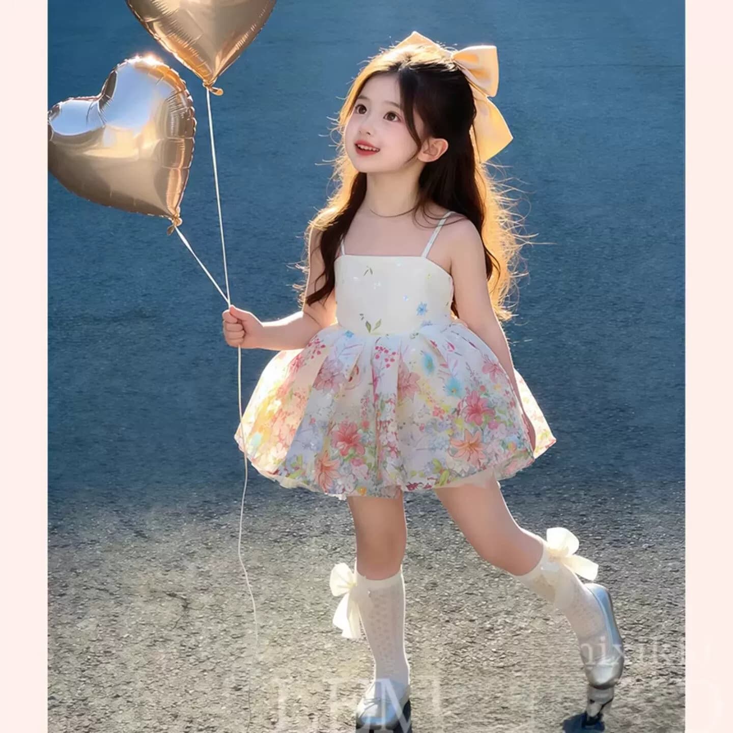 女童碎花吊带连衣裙2026新款夏季女宝蓬蓬礼服裙蝴蝶生日公主裙子