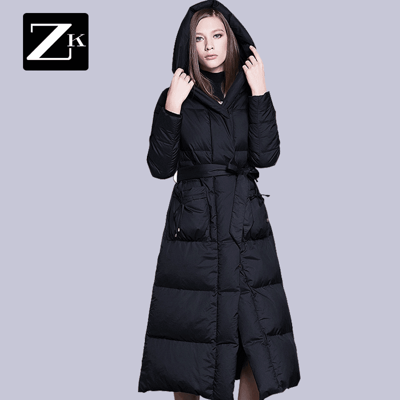 FG 超长款加厚过膝连帽白鸭绒羽绒服女韩国版修身黑色2018冬新款C