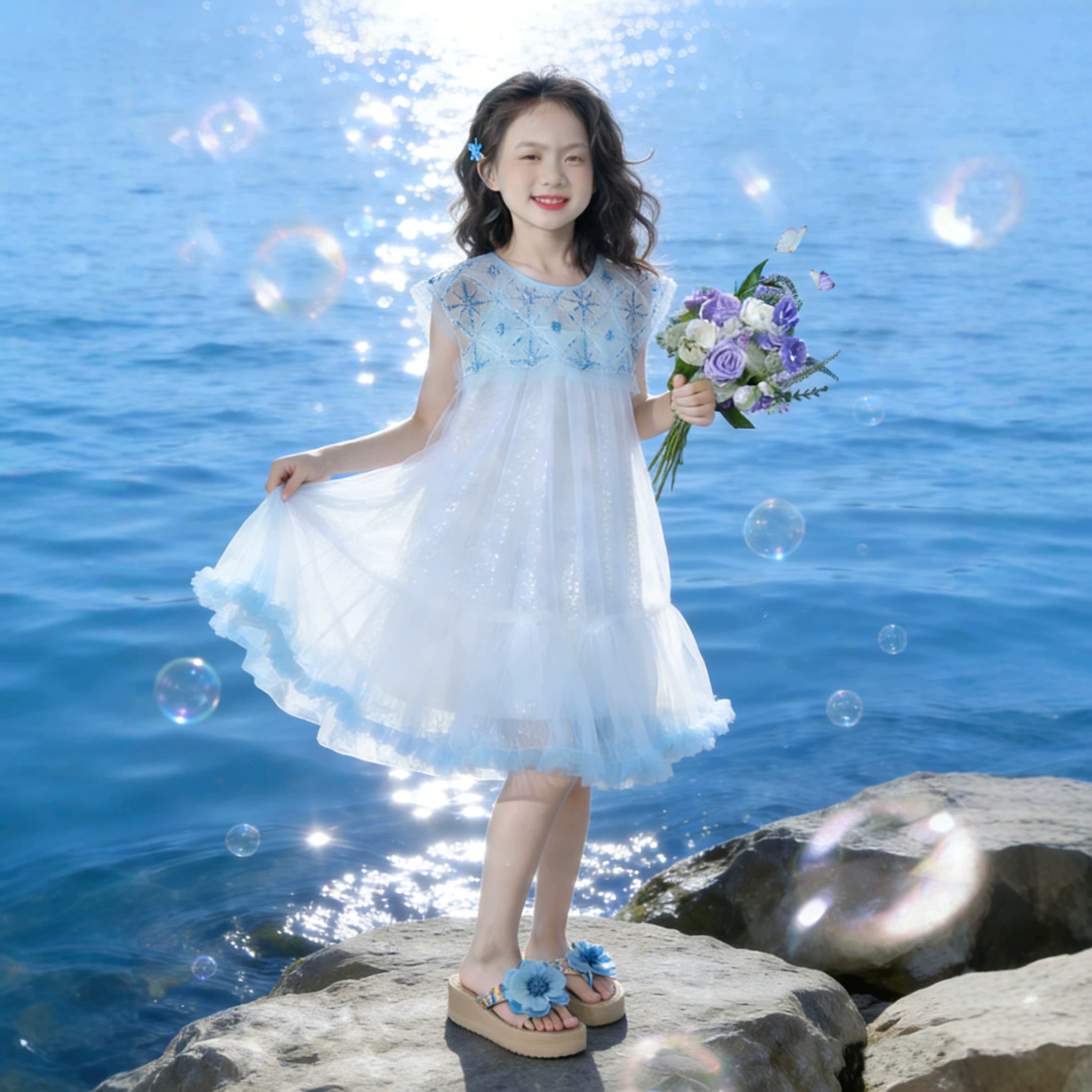 女童网纱连衣裙夏薄款洋气亮片公主裙小女孩海边度假沙滩裙纱裙