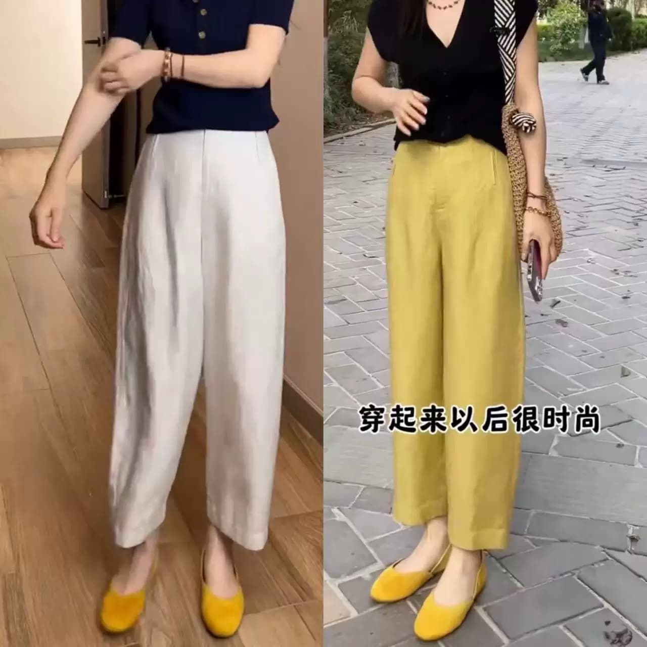 2026新款天丝亚麻裤女黄色气球裤夏季薄款小个子九分裤宽松休闲裤