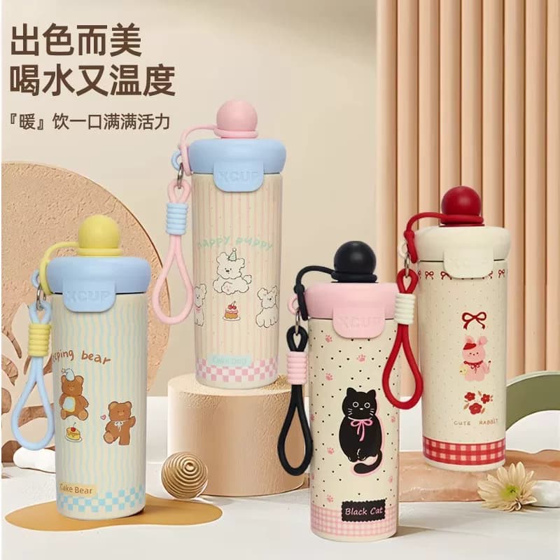 新款可爱卡通动物浮球杯316不锈钢保温杯学生儿童便携提绳吸管