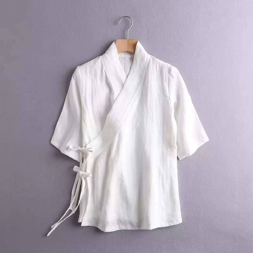 一片式系带交叉领女夏冰丝中式汉服改良茶禅服短袖上衣大码300斤