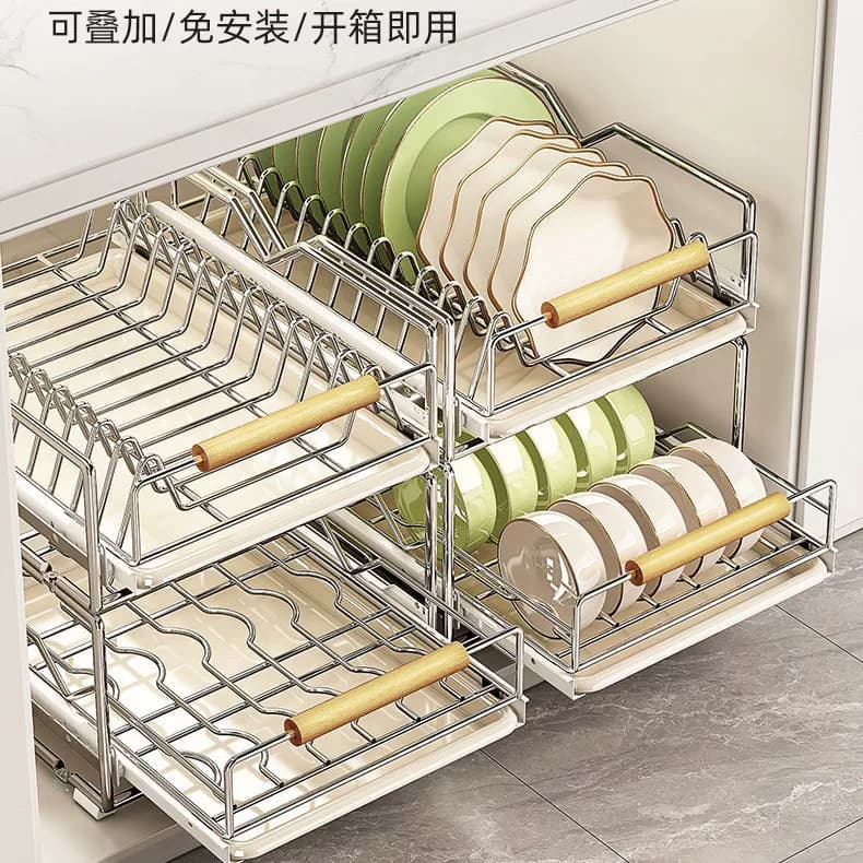 日式精工碗碟收纳架厨房橱柜内置物架抽屉式不锈钢拉篮抽拉碗柜沥