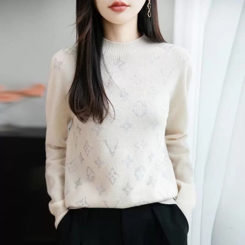 高级感烫钻半高领毛衣女2026秋冬新款宽松显瘦长袖针织打底衫上衣