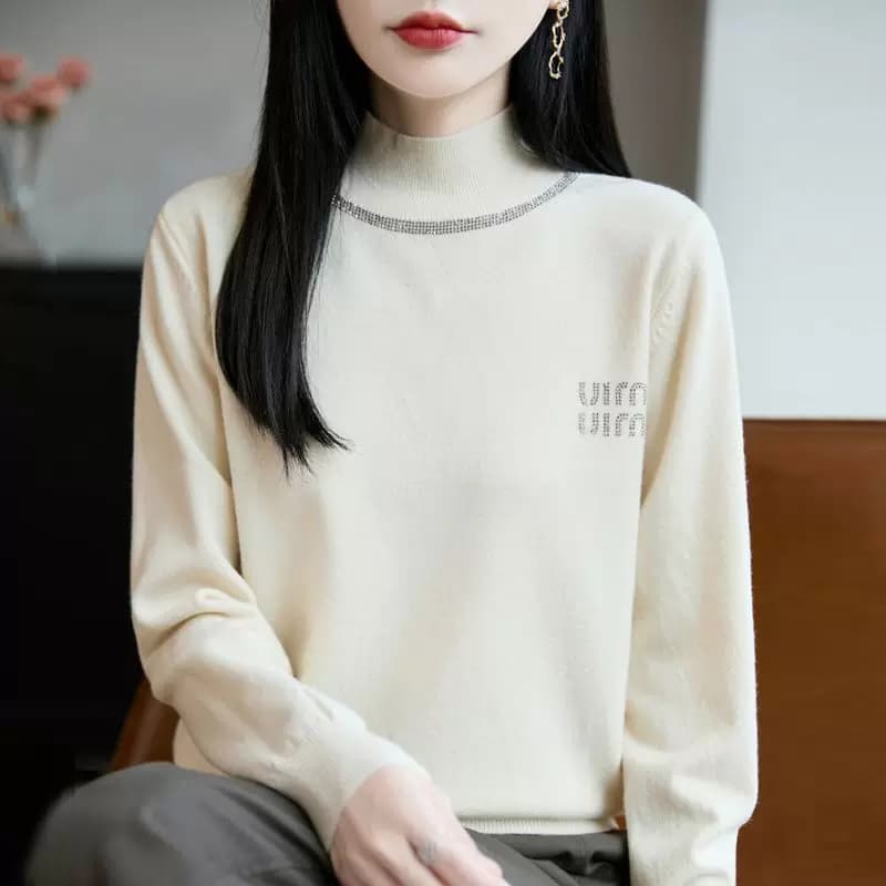 轻奢质感~半高领毛衫女烫钻毛衣内搭2026秋冬洋气长袖针织打底衫