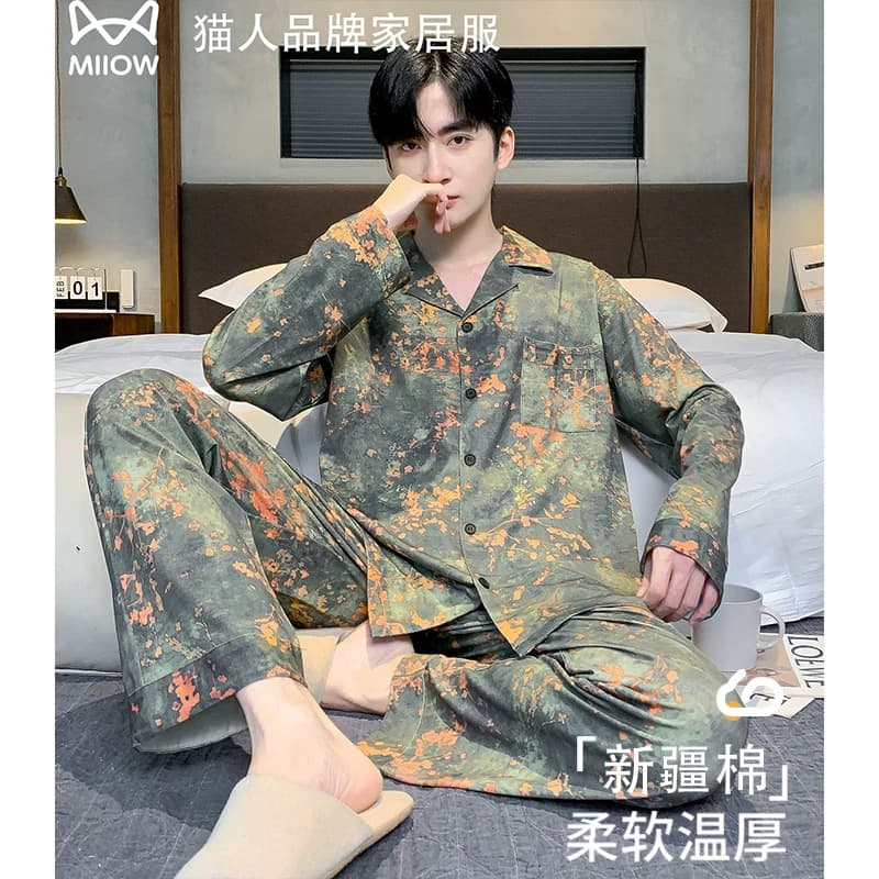 猫人高级感男士睡衣春秋款纯棉2026新款宽松加大码轻奢家居服套装