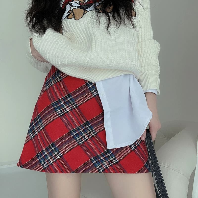 红色半身裙女2025春季新款复古大格子高腰显瘦包臀短裙高级感a裙
