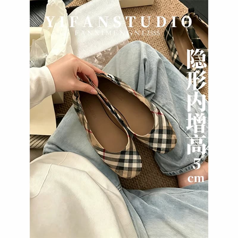 羊皮版~宅女同款格纹平底鞋夏季圆头浅口单鞋女百搭奶奶鞋蛋卷鞋