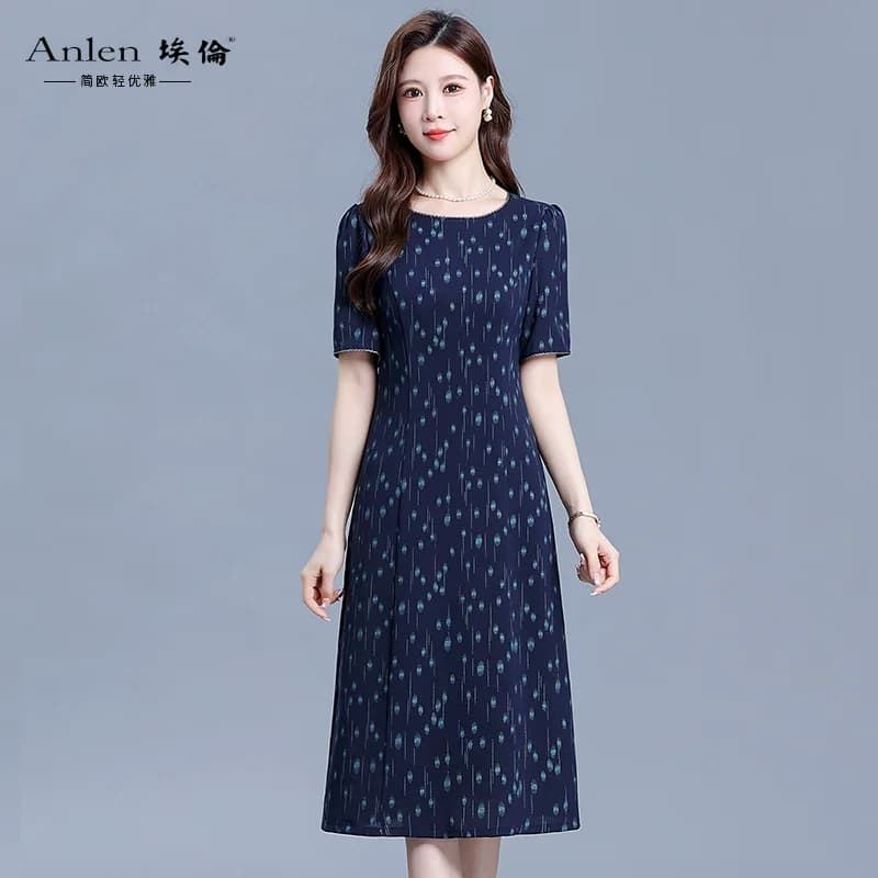 埃伦深蓝色印花气质连衣裙2026夏季新款妈妈洋气时尚减龄连身长裙
