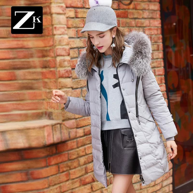 ZK超大银狐狸毛真毛领羽绒服女中长款修身韩版2018冬网红新款潮
