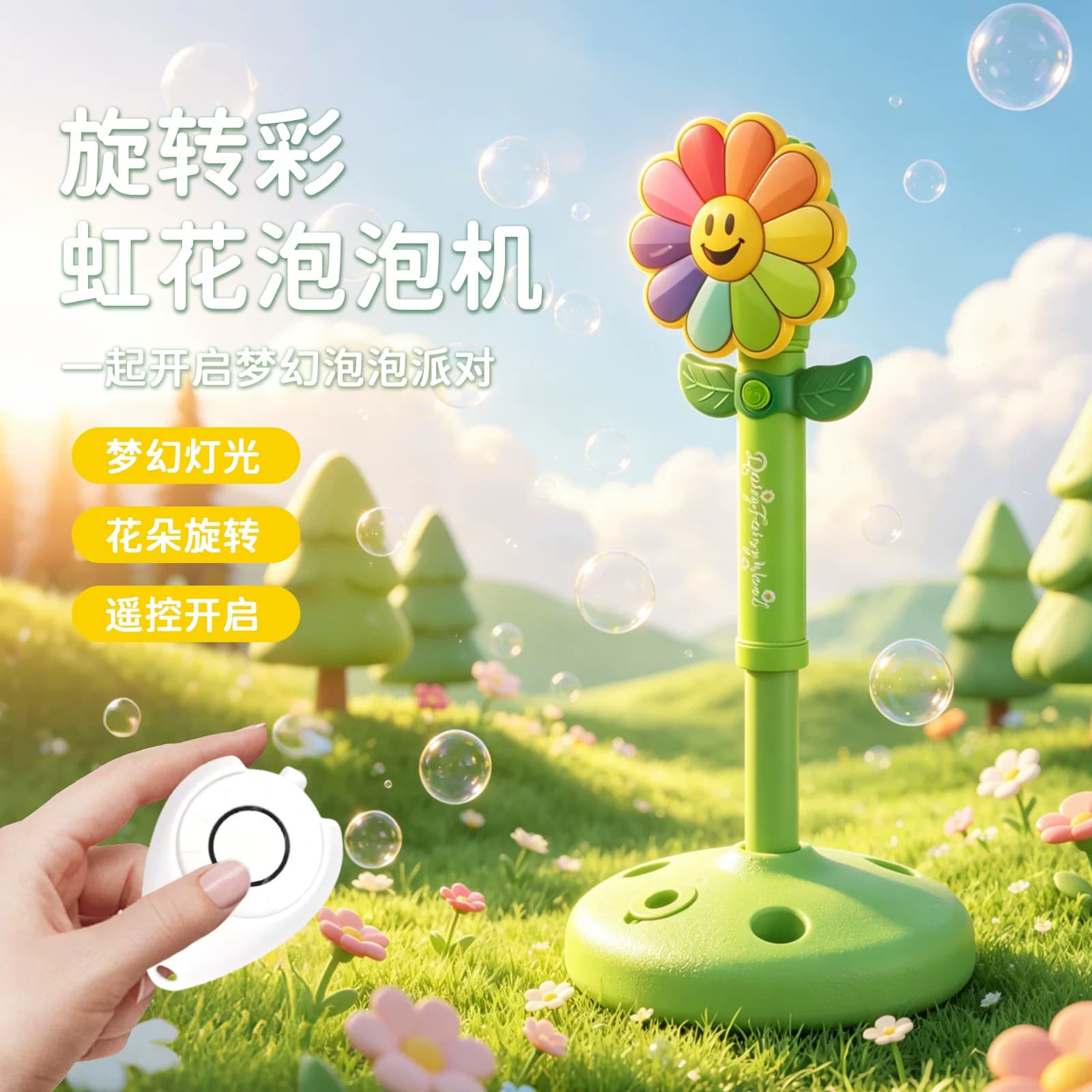 立式七色电动全自动大容量户外旋转风车冲天吹泡泡机户外儿童玩具
